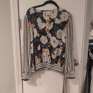 CAbi Floral and Striped Blouse - Black, White, Orange
